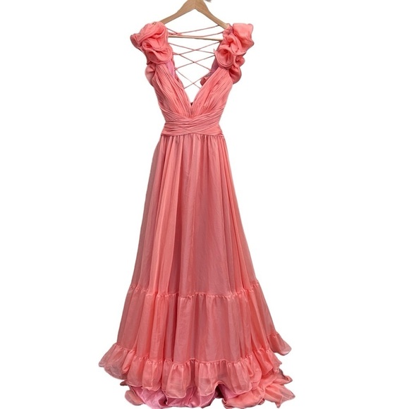 NEW $600 MAC DUGGAL RUFFLE TIERED CUT-OUT CHIFFON GOWN CORAL SIZE 12 - Picture 9 of 17